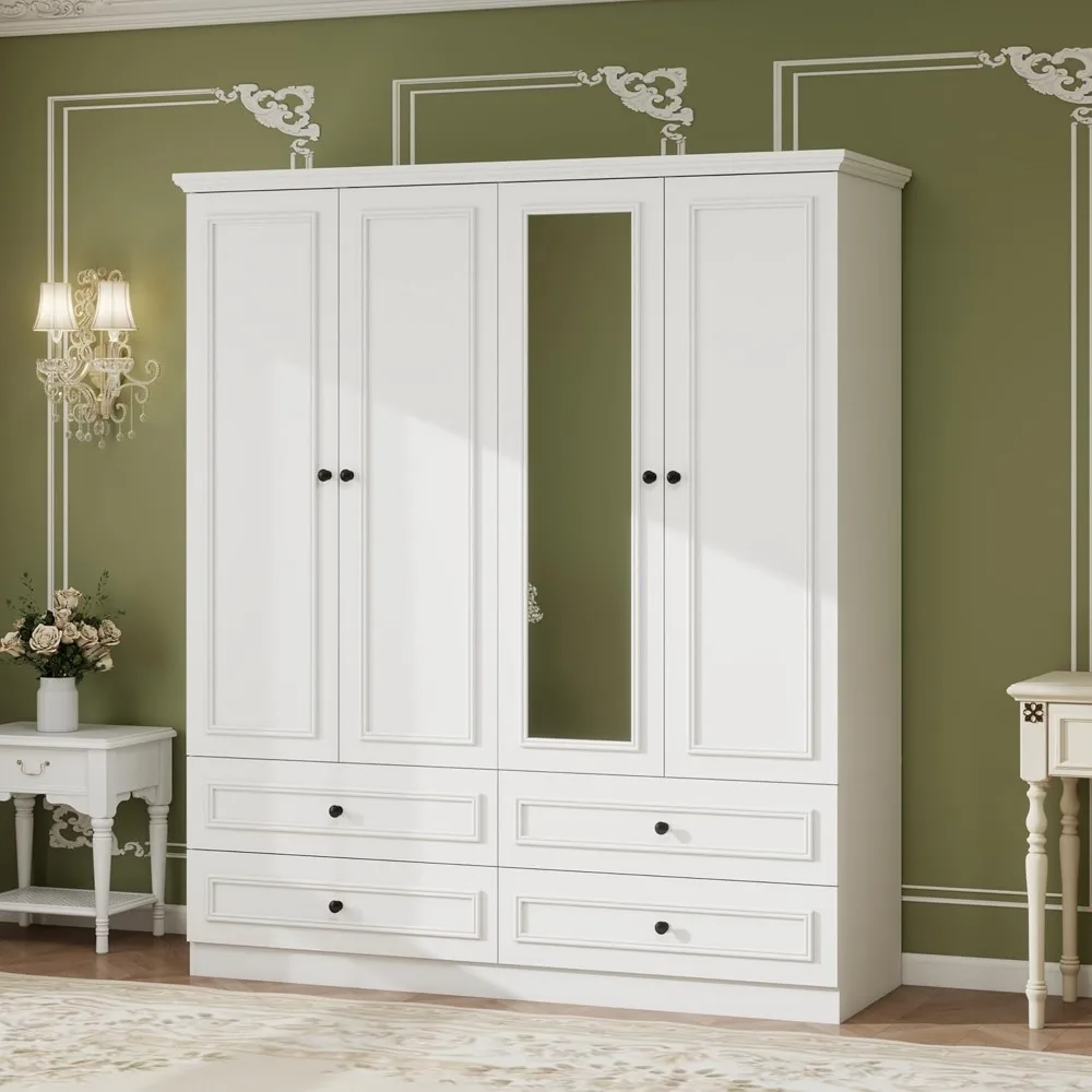 خزانة ملابس خشبية ذات سعة كبيرة مع 4 أبواب وقضبان تعليق و4 أدراج ومرآة ورفوف لتخزين أقصى قدر من الأورجا