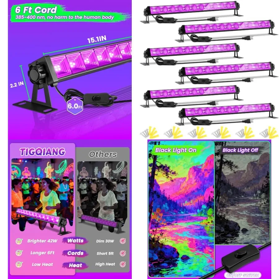 

4W Pack LED Black Light Bar, Blacklight Light Up to Lagre Area with Feet Cable+Switch+Plug, Glow Party Light Supply for Hallowe