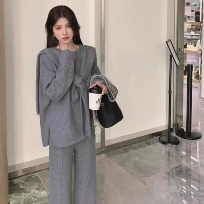 

2024 Vintage Women's Knit Cardigan Three-piece Set Lady Casual Loose O-neck Top Wide Leg Pants Sets Female Fashion Knitted Suit