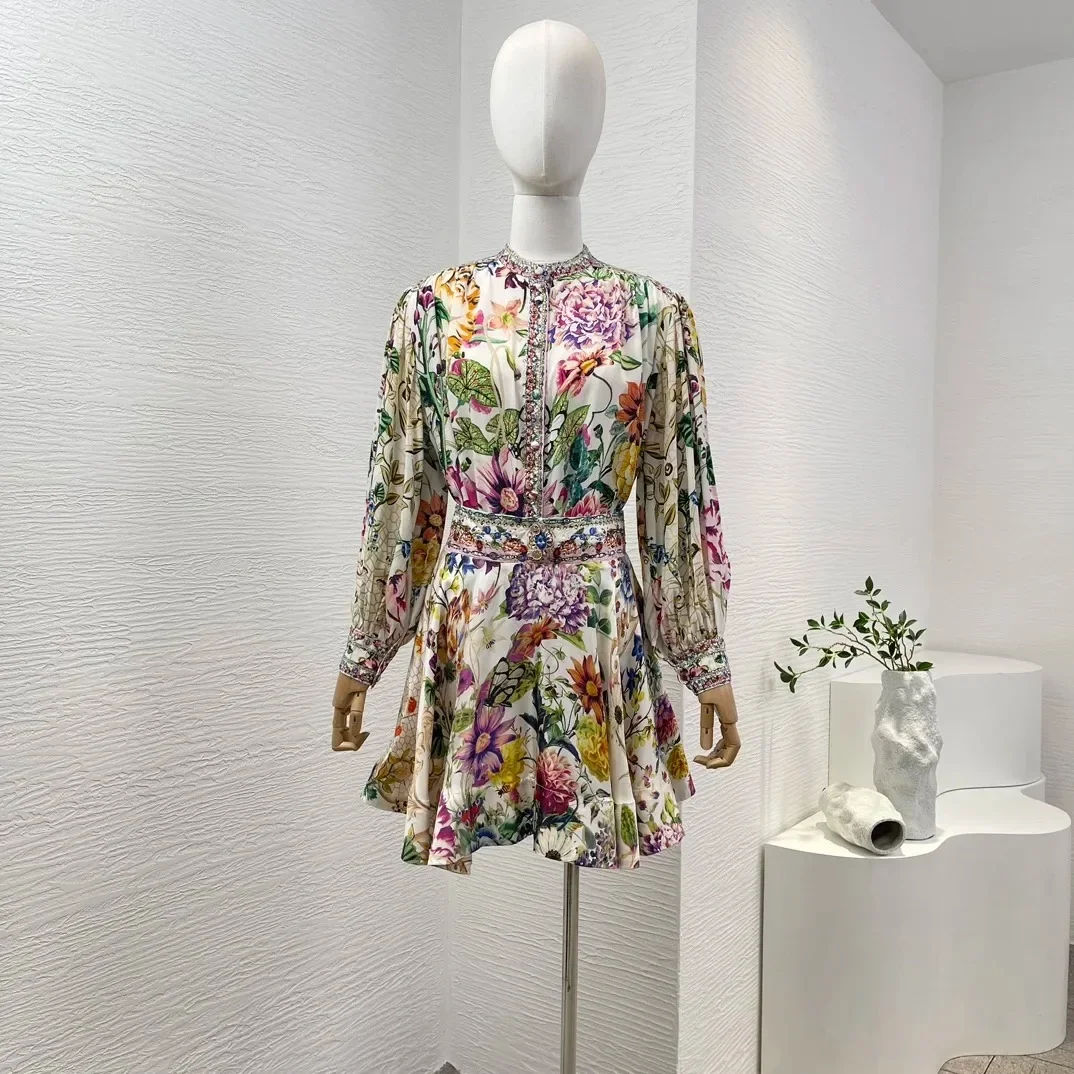 2024 Summer Women Multicolor Floral Print Long Sleeve Diamonds Pressed O-Neck Blouse Tops and Mini Skirt Set