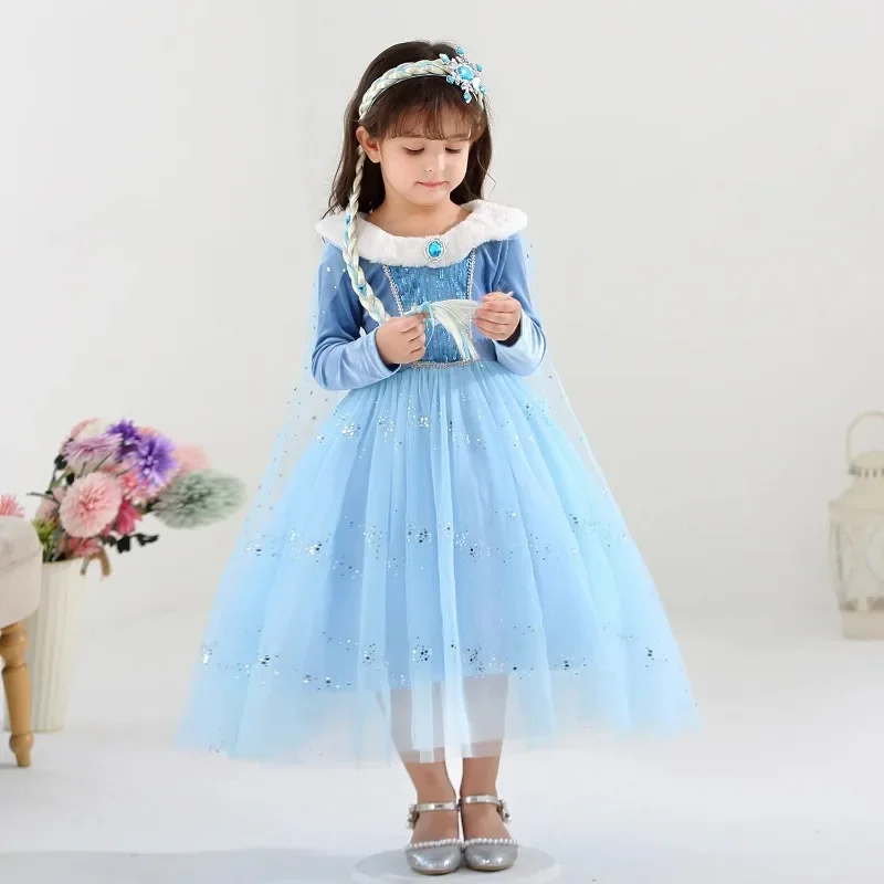 2024 Nieuwe Frozen 2 Elsa Kostuum Voor Meisje Bontkraag Pailletten Prinsessenjurk Fancy Birthday Party Dress Up Vestido Carnaval