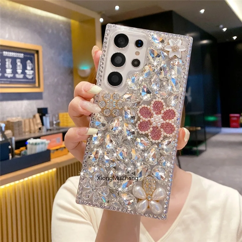 Glitzernde Rosa Perlen-Blumen-Hülle für Samsung Galaxy A36 A33 A53 A56 A73 A54 A55 A13 A57 A37 Strass Silber Diamant Cover – Detail 1