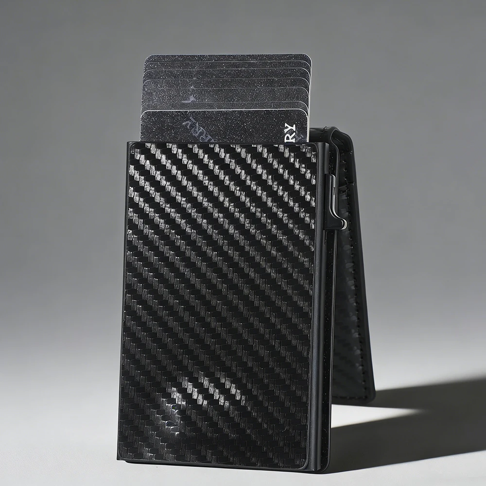 New RFID Men Card Wallets High Quality Carbon Fiber Magnetic Card Bag Photo Holder Male Purses Pop-up Card Clips