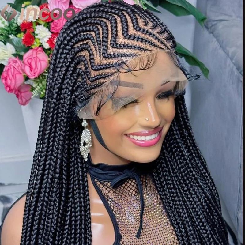 36" Cornrow Box geflochtene Perücken synthetische Vollspitze-Front-Perücken für Frauen knotenlose Zöpfe Perücke mit Babyhaar handgemachte Flechtperücke