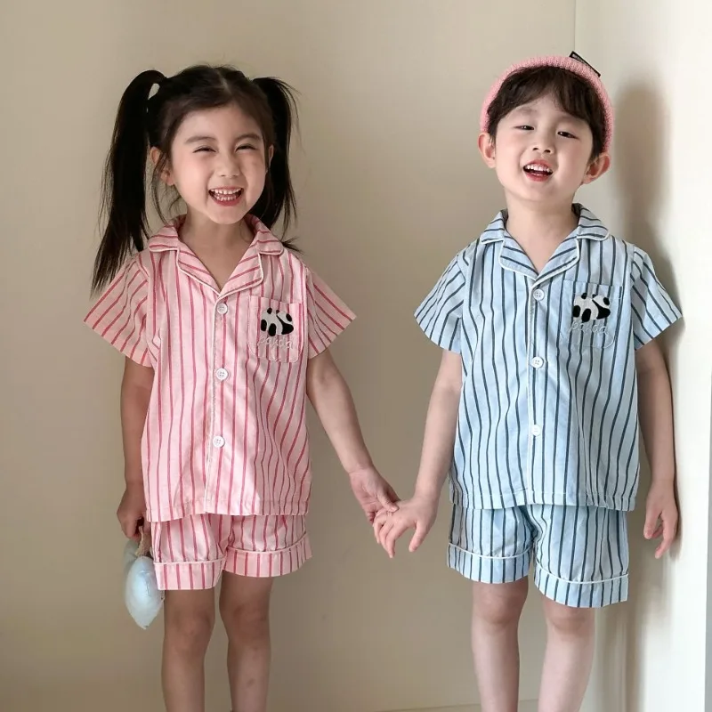 2025 Summer Kids Home Wear Thin Striped Boys Pajamas Set Short Sleeve Panda Embroidery Cardigan+Shorts 2Pcs Girls Sleepwear