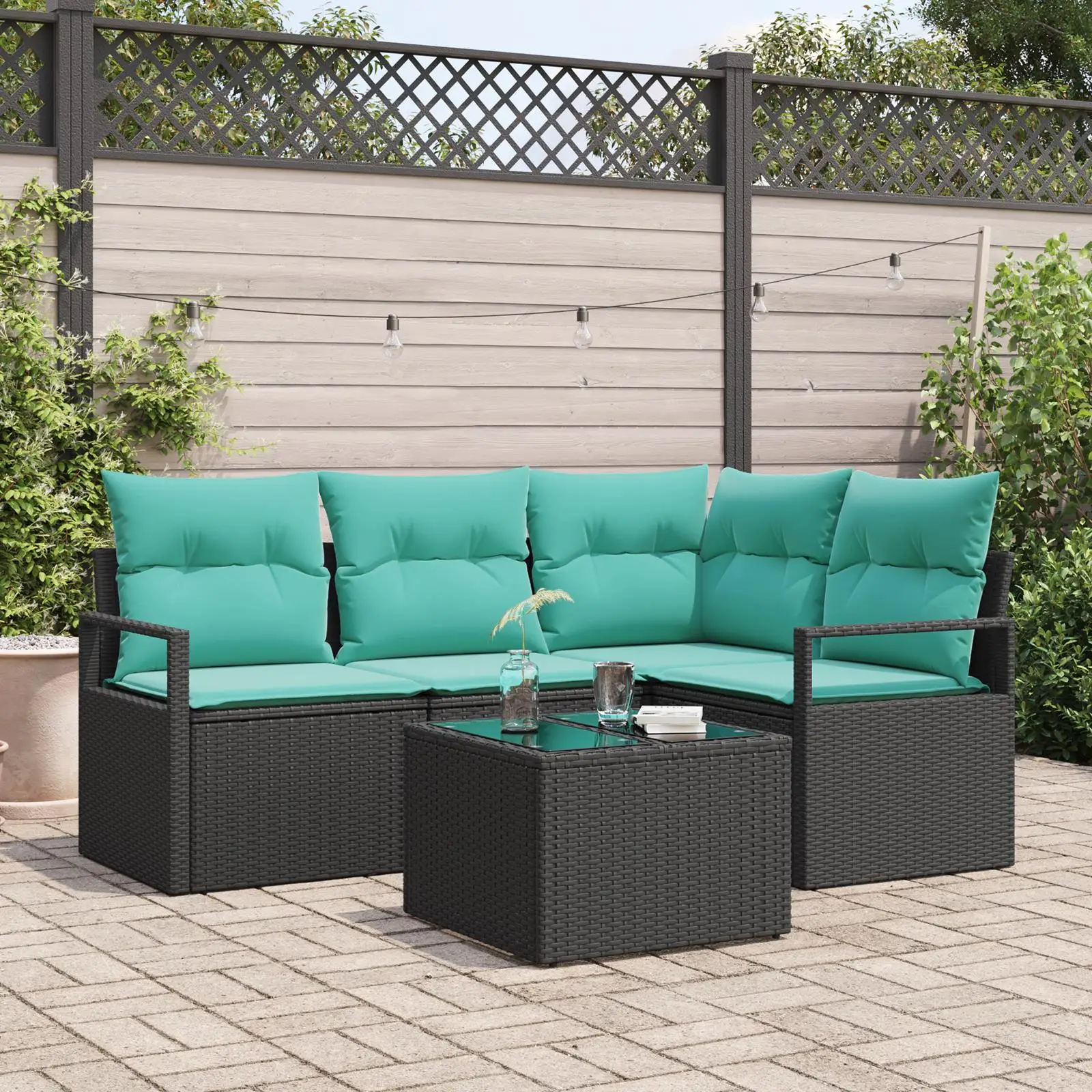 

5 Piece Outdoor Garden Sofa Set with Cushions Black Rattan Furniture Ideal for Patio Balcony and Backyard