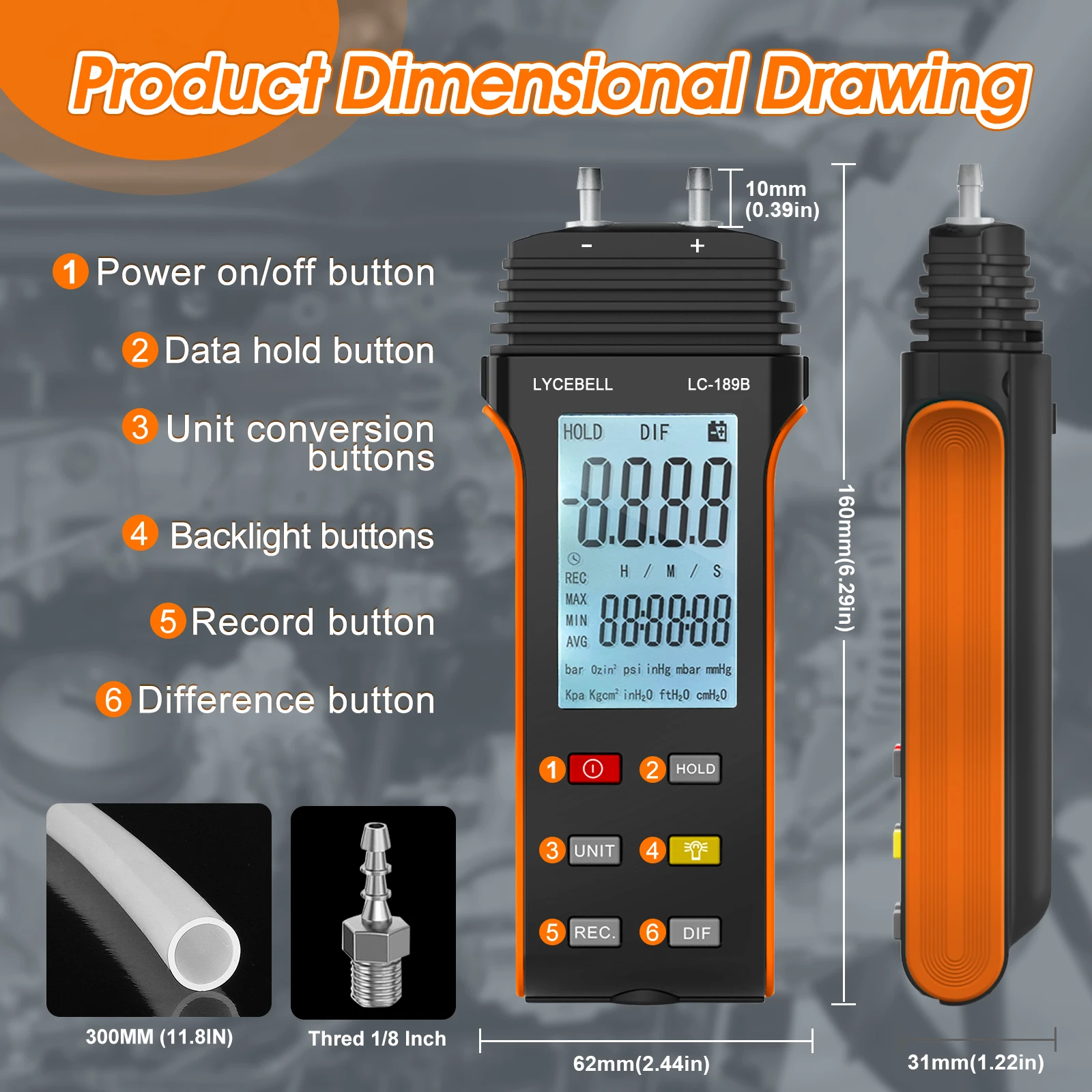Digital Differential Pressure Manometer HVAC 30Psi 11 Units Data Hold Backlight Air Gas Pressure Gauge Tester for Ventilation