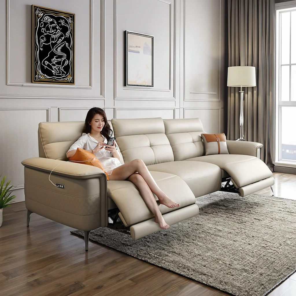 

Роскошный раскладной диван-реклайнер с функцией прилегания к стене, из натуральной кожи, со скрытым откидным пуфом и быстрой зарядкой USB-C, для гостиной