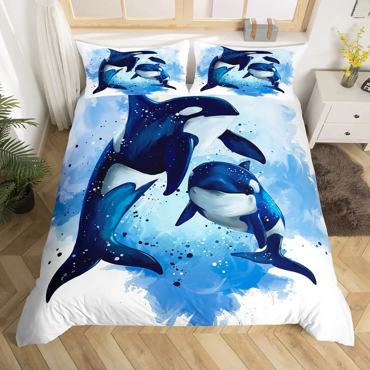 Killer Whale Duvet Cover Set Nautical Bedding Set Ocean Whale Tie Dye Comforter Cover Underwater World Marine Life Quilt Cover