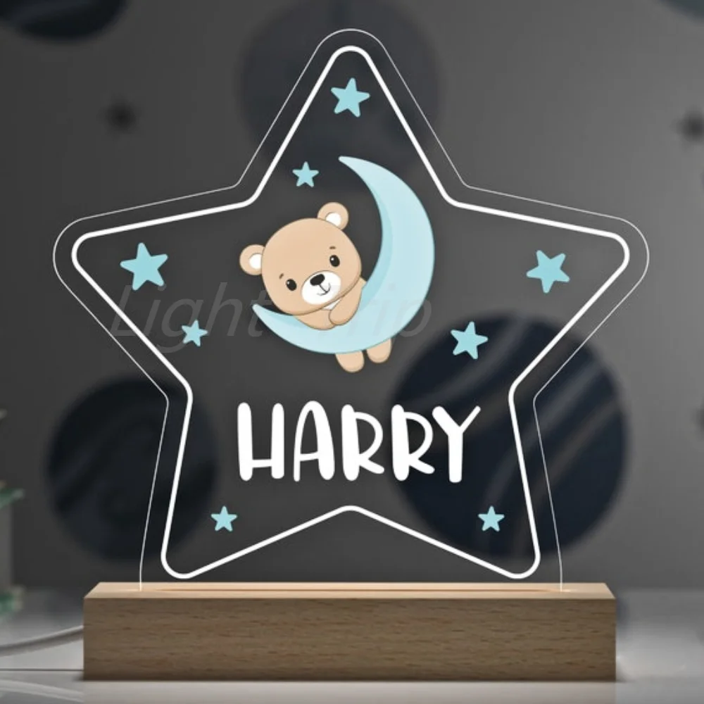 Imagem -03 - Nome Personalizado Lâmpada Acrílica para Crianças Luz Noturna Estrela Ursinho de Pelúcia Elefante Selva Safári Decoração do Berçário do Bebê Quarto