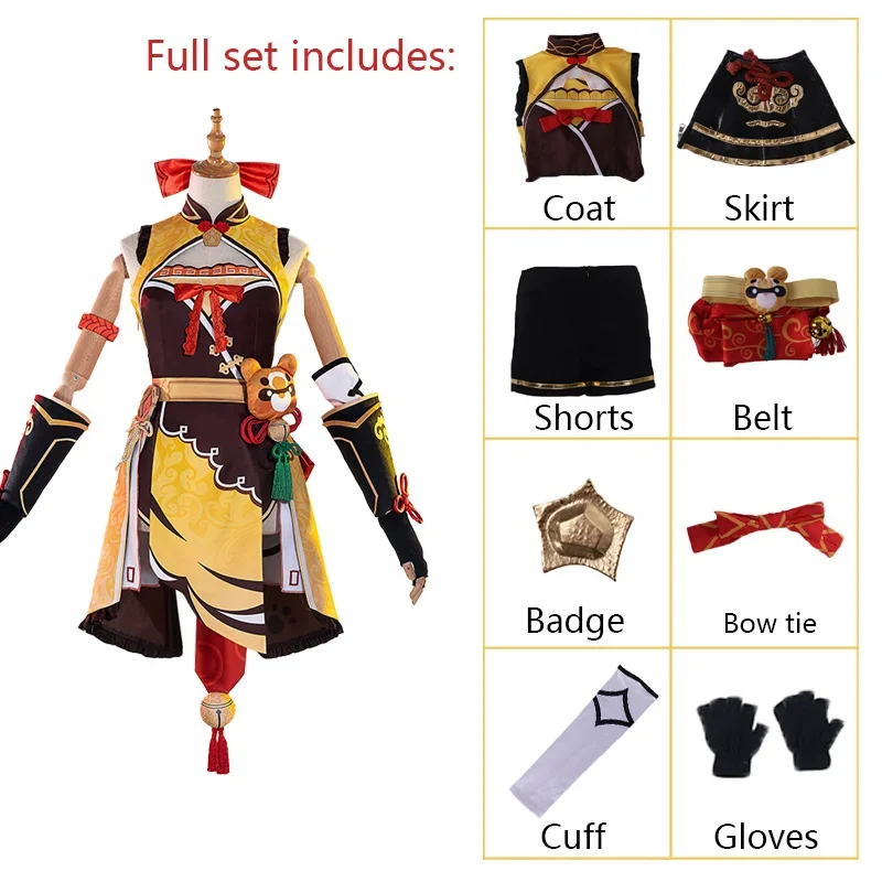 Xiangling Cosplay Costume pour femme, Anime Genshin Impact, perruque, robe, tenue de fête d'Halloween, uniforme, accessoires de cosplay