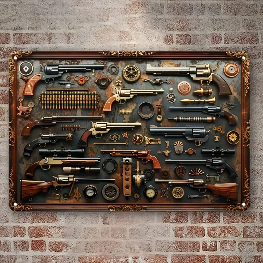 Retro-Style 2D Flat Aluminum Metal Sign with a Gun-Themed Design, a Rustic Wall Decoration Suitable for Bars, Cafes, and Home Decor