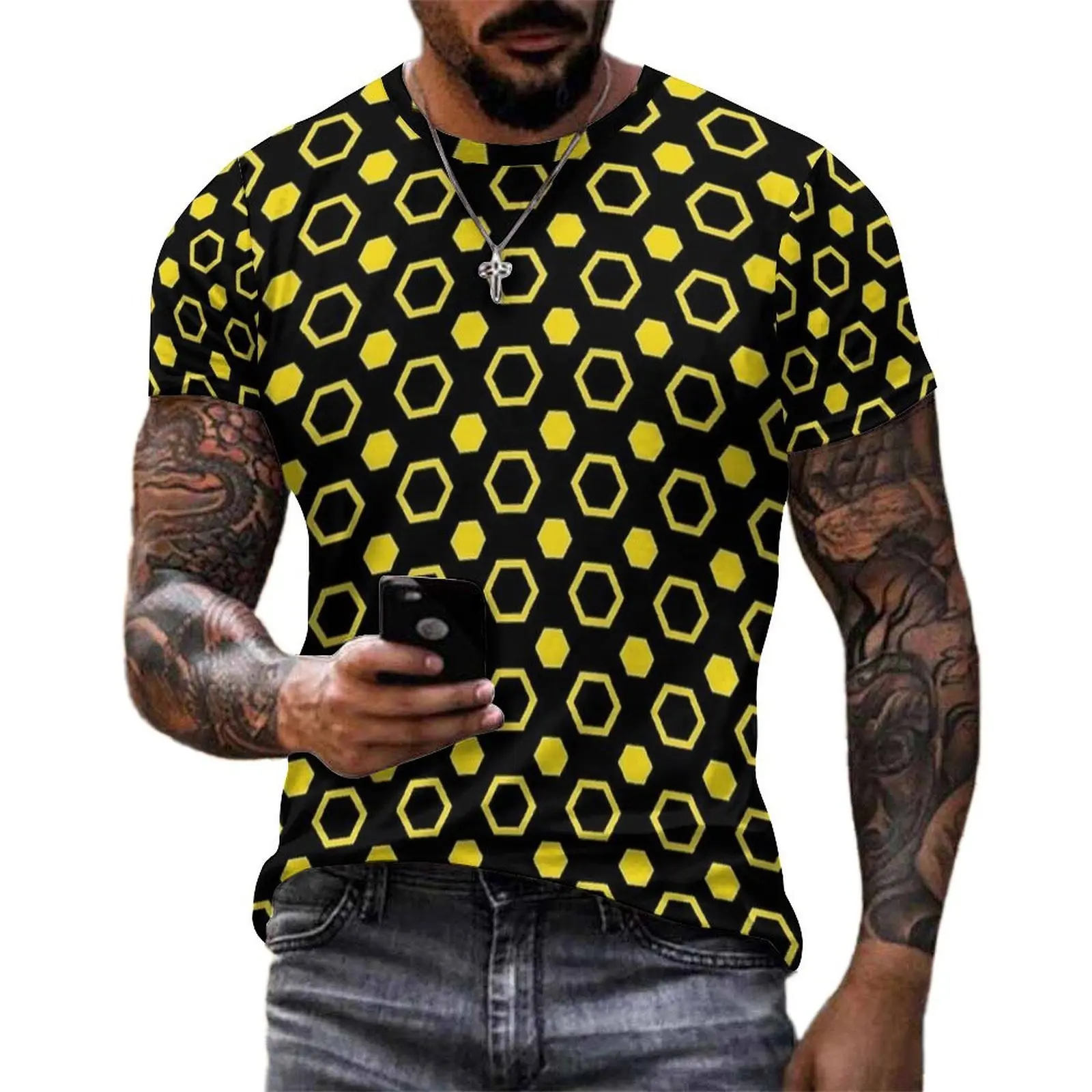 Black Yellow Hexagon Pattern T Shirt Trendy T Shirts Short Sleeve Custom Tshirt Premium Street Style Plus Size Top Tees