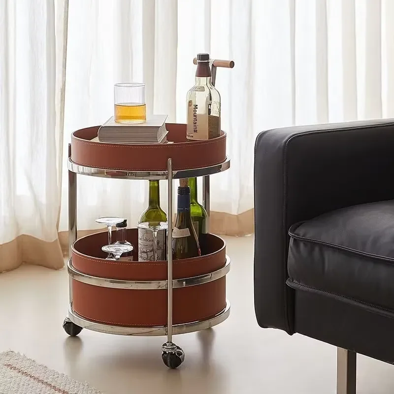 Luxury Mobile Side Table Stainless Steel Frame Saddle Leather Top Modern Living Room Furniture High End Rolling Cart Decor