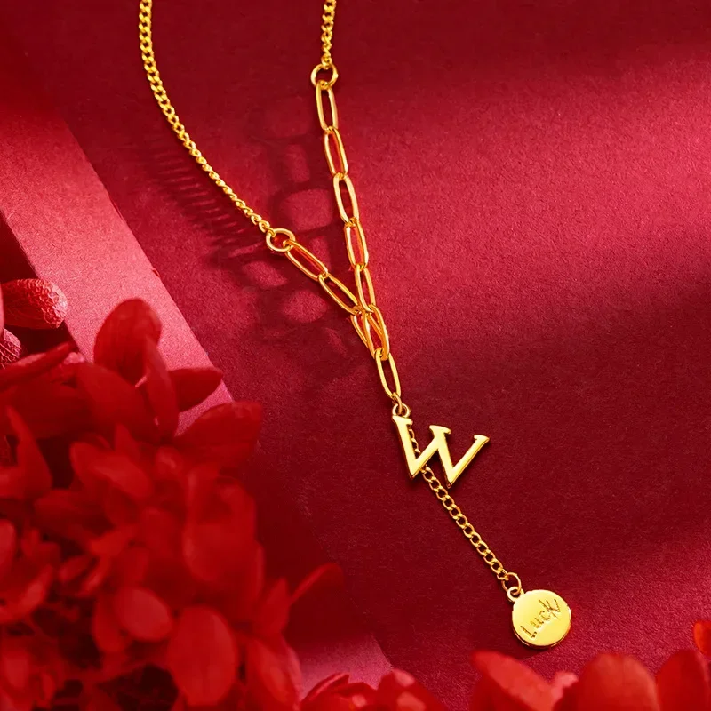 9999 Real Gold 24K New Fashionable and Simple W Letter Tassel Lucky Brand Collarbone Chain, Gold Ins Wind Women W Letter Chain