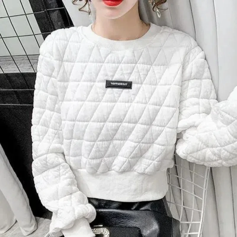 Simplicity Fashion Autumn New Women's Solid O-Neck Diamond Grid Labeling Korean Casual Long Sleeve Pullovers Sweatshirts Tops