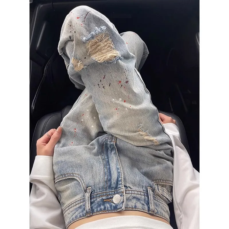 

Retro High Street Trendy Ripped Jeans Women, Summer Thin Style, High-Waisted Straight Cut, Niche Design For Petite
