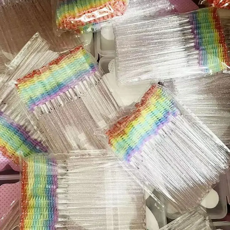 50 Stück Regenbogen-Glitzer-Mascara-Zauberstäbe, rosa Wimpernbürsten, Spulen, bunte Einweg-Mascara-Zauberstäbe für Wimpernverlängerungen