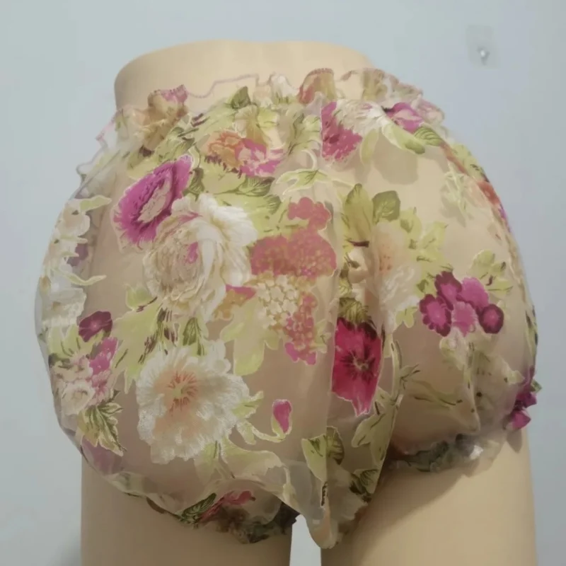 

Sexy Men Sissy Plus Size Panties Organza Floral Ruffled Edge Lantern Panty Women Soft Silky Touch Panties Live Show Dance Party