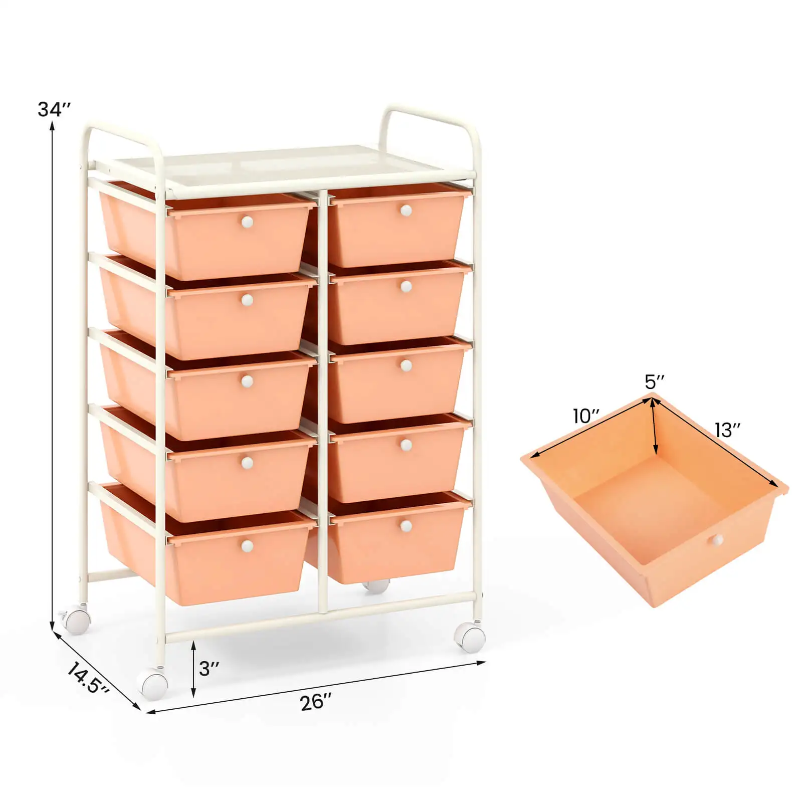 10-Drawer Storage Cart Utility Rolling Trolley Kitchen Organizer Skin Pink