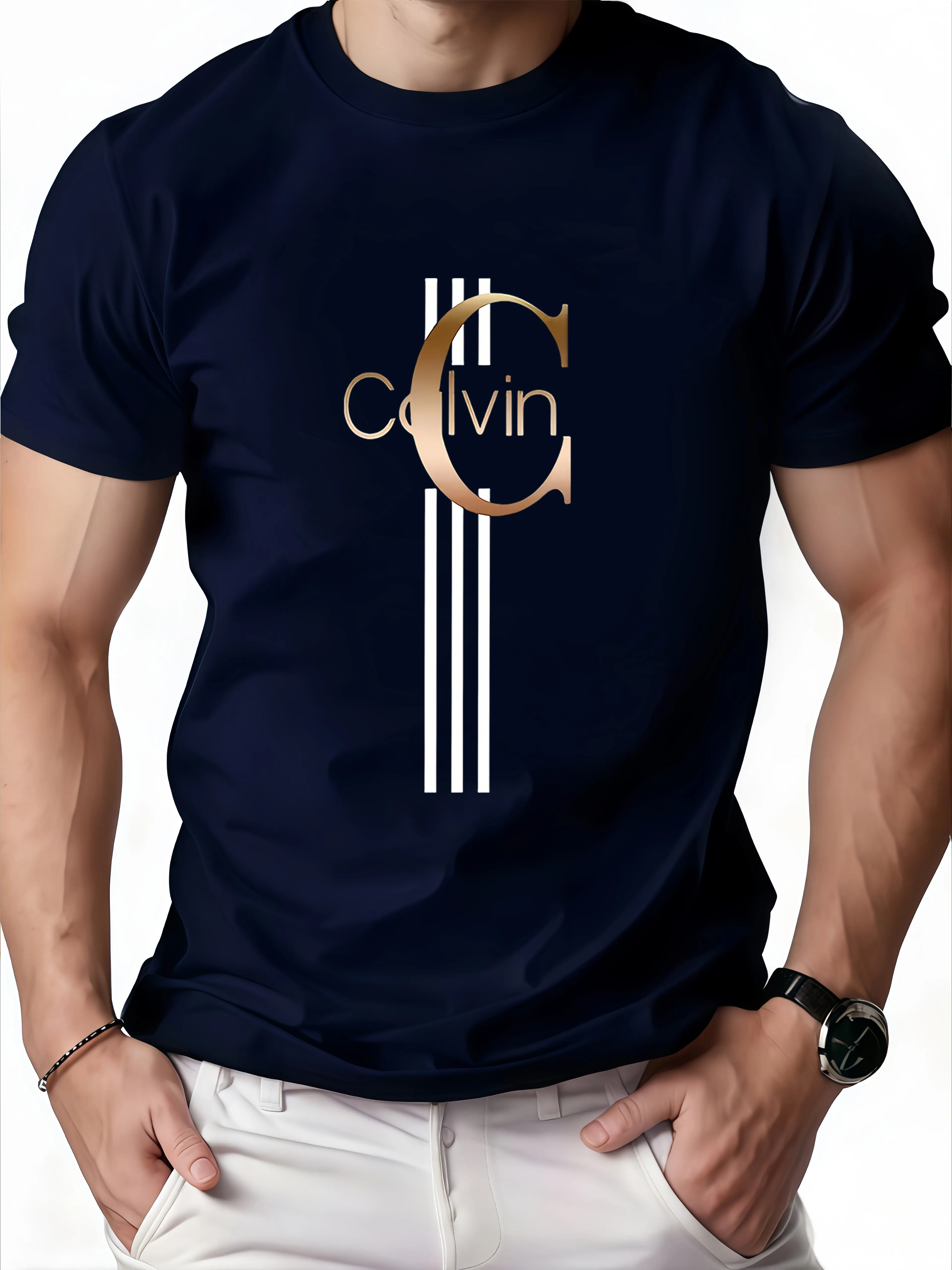 Men's Fashion T-shirt Tops Are Printed with Light Luxury Gold Prints Simple Lines and Metallic Gloss Interweave A High Sense