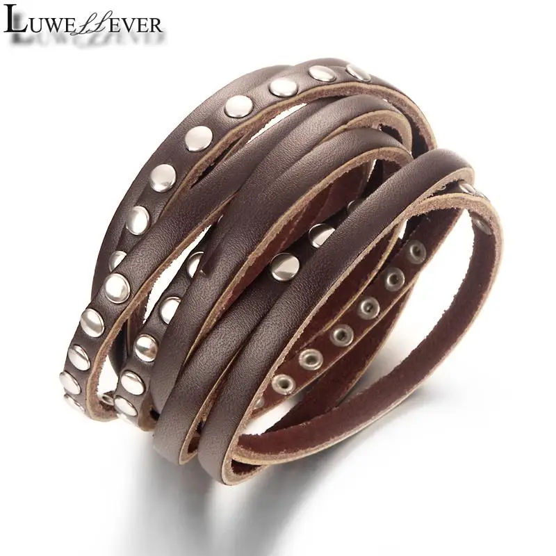 Multi-turn Punk Rock 069 Real Genuine Leather Bangle Bracelet Charm Jewelry For Women Men Gift 65cm 25.6inch