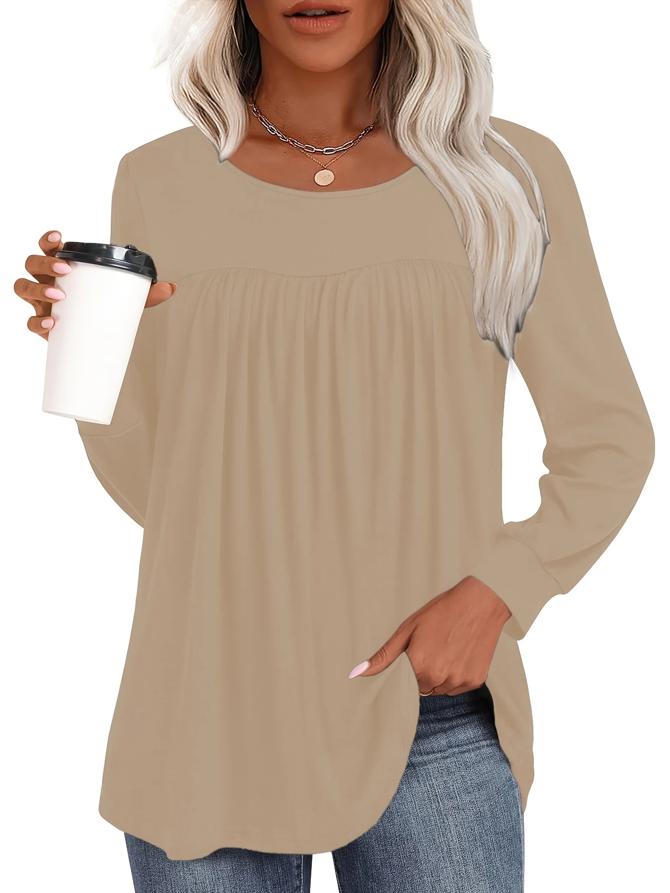 Plus Size Damen Langarm-Plissee-Oberteil für Stilvollen Komfort – Detail 13