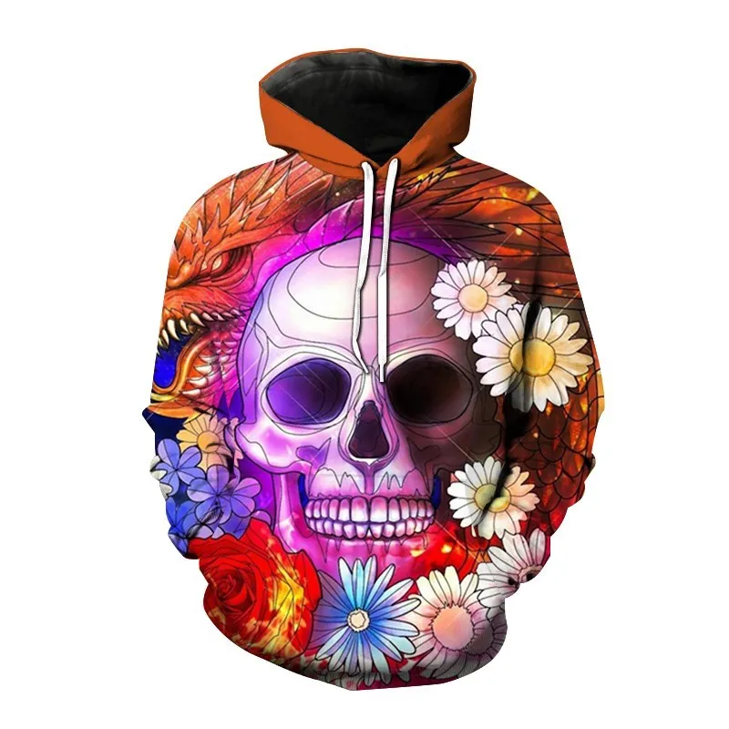 

New Autumn Hip Hop Skull Hoodies 3D Printed Skull Streetwear Pullover Tops Long Sleeve Sweatshirts Men Leisure Fashion Sweatshir