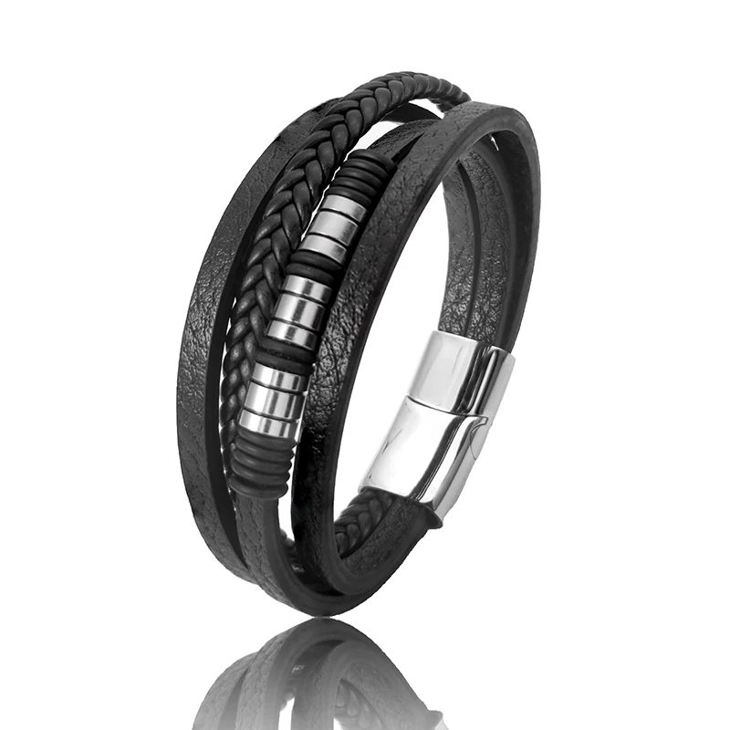 Leather Bracelet Men Jewelry Stainless Steel Magnet Buckle Multi-layer Braided Rope Beading Bracelet Fashion Charm Jewelry