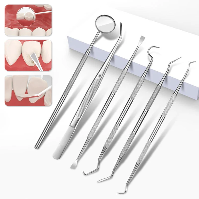 Outils de Nettoyage Dentaire en Acier Inoxydable, Miroir, Double Sonde, Faucille, Houe, Produits, Kit de Soins Buccaux