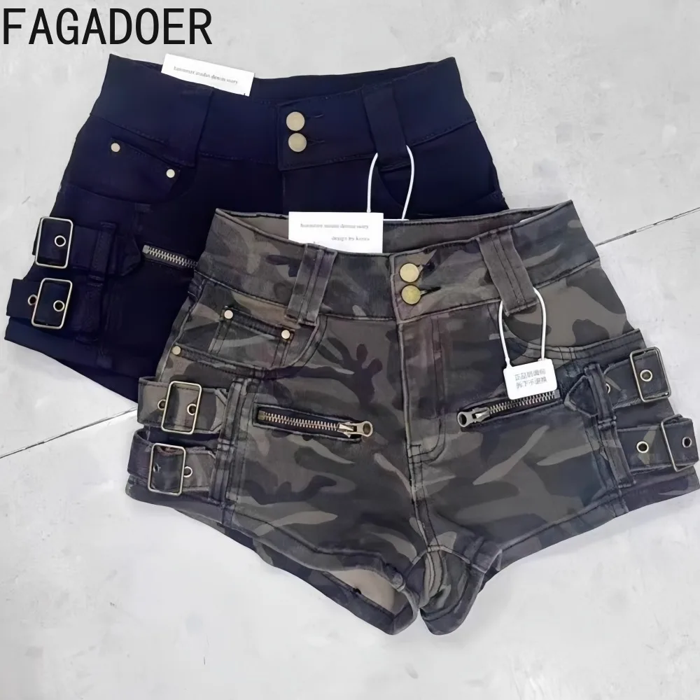 

FAGADOER Y2k Sexy Camouflage Patchwork Denim Shorts for Women High Waisted Elasticity Bodycon Shorts Female Streetwear Bottoms