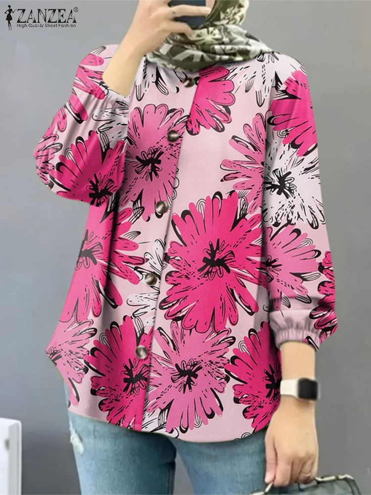 ZANZEA, camisas elegantes de manga larga con estampado Floral para primavera, blusa para mujer, ropa islámica, Tops musulmanes informales, Blusas bohemias para mujer