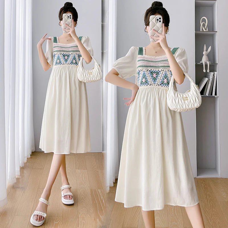 

Summer New Fashion Maternity Dress Short Slleve Square Collar Hollow Out Knitted Patchwork Backless Pregnant Woman Chiffon Dress