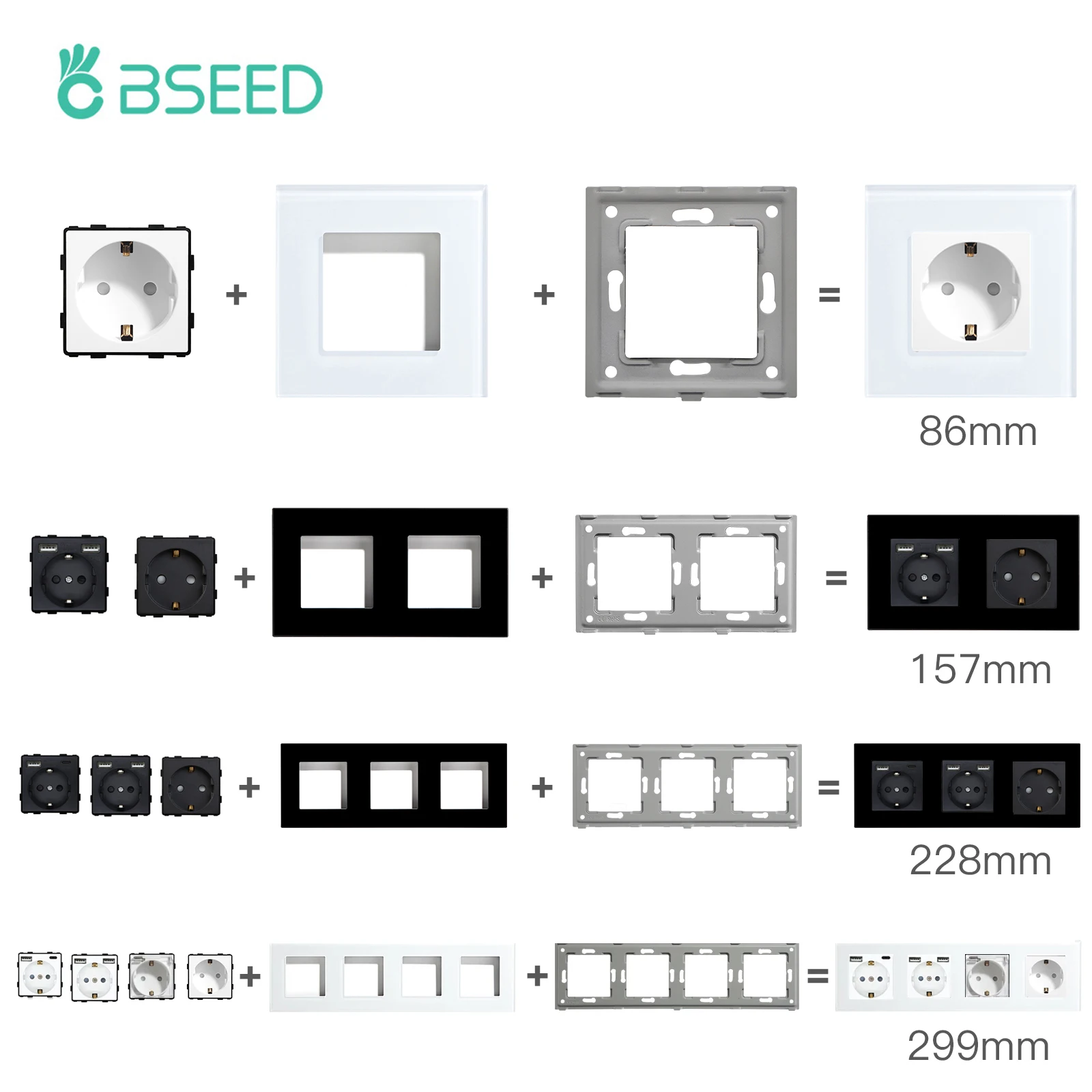 BSEED Glass Frame Panel Single Double Frames Wall Socket Part Triple Four Frames DIY Part with Metal Frames USB TYPE-C Socket