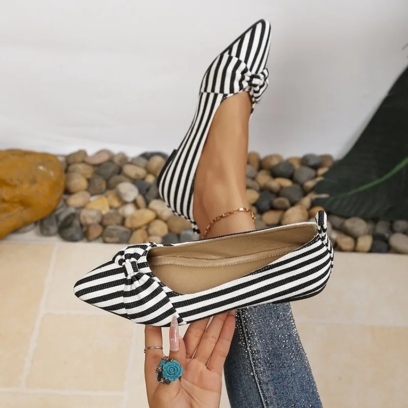 Women's Flats Pointed Toe Striped Slip-On Casual Shoes Knotted Vamp Detail Flat Heel Everyday Footwear Fabric Pull Tab Design