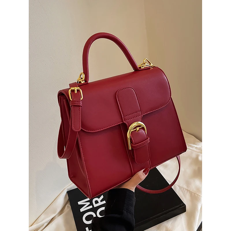 Red Simple Solid Handbag Female 2024 New Temperament Bridal Wedding Pack Large Capacity High Quality PU Leather Crossbody Bags