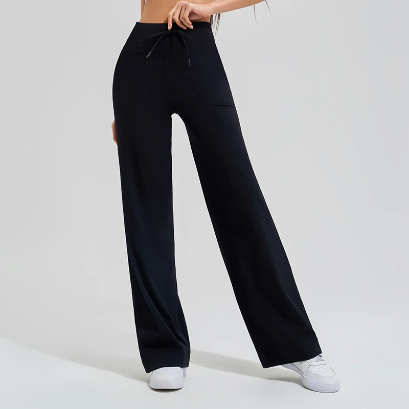 Pantalon de Yoga taille haute pour femmes, ample, course à pied, Double face brossé avec poches, cravates