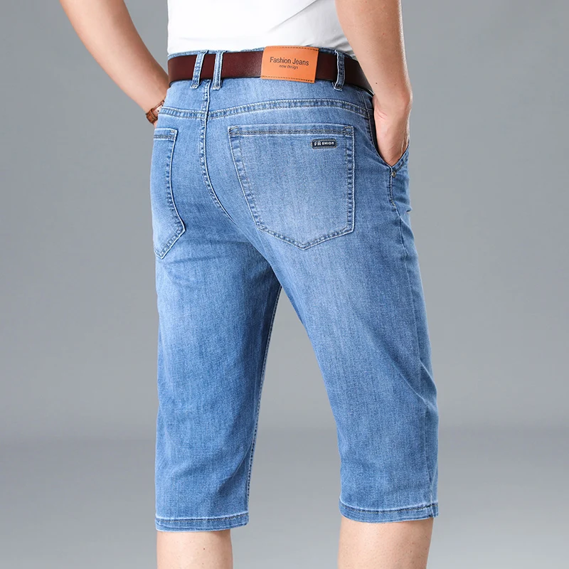 

Summer Men's Thin Stretch Short Jeans Business Casual Blue Straight-leg Cotton Denim Calf-length Pants Male Brand Clothes