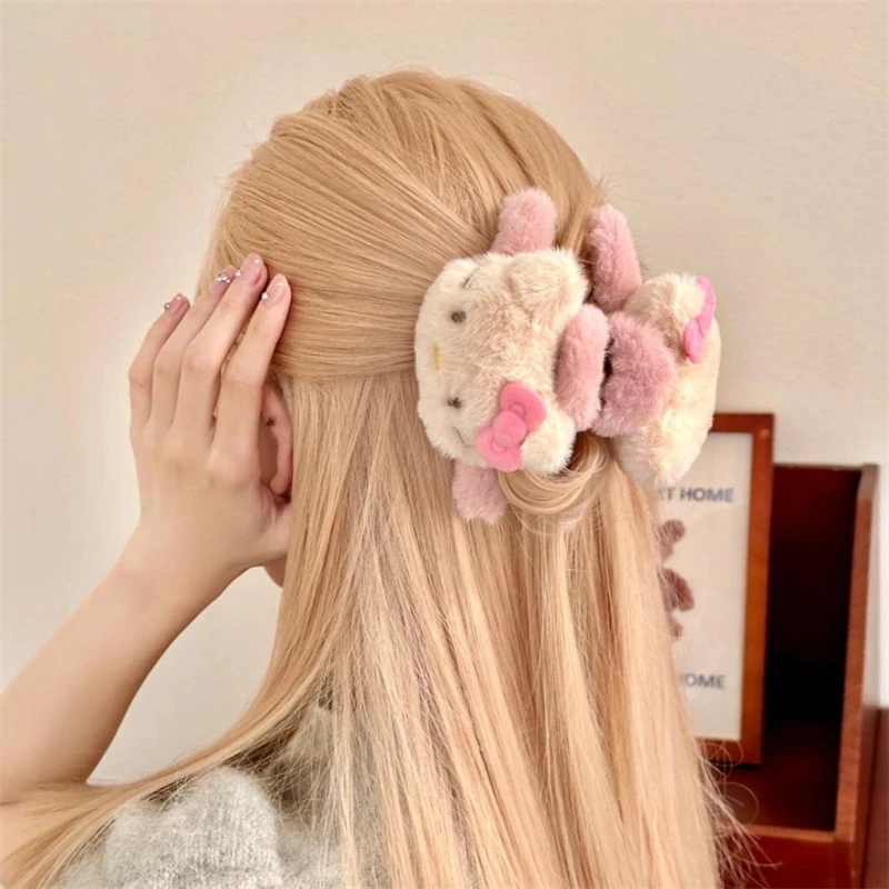 Sanrio Hello Kitty Plush Hair Clips Cute Anime Cartoon Women Fashion Bow Bundled Hair Hair Accessories Shark Clip Holiday Gifts