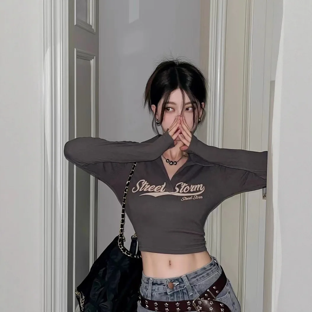 سليم صالح كم طويل تي شيرت المرأة عالية الخصر المحاصيل الأعلى قاعدة قميص النمط الأمريكي الرجعية القطن مزيج الخامس الرقبة طباعة عادية #3