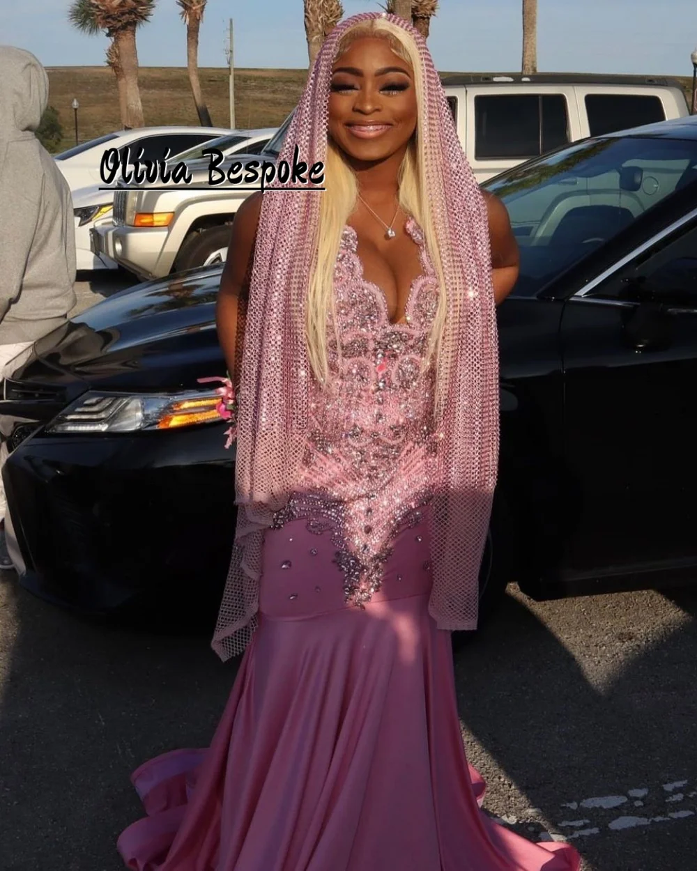 

Pink Cape Mermaid Prom Dress For Black Girls Graduation Court Rhinestone Beaded Formal Party Gala Robes De Soiree Customized
