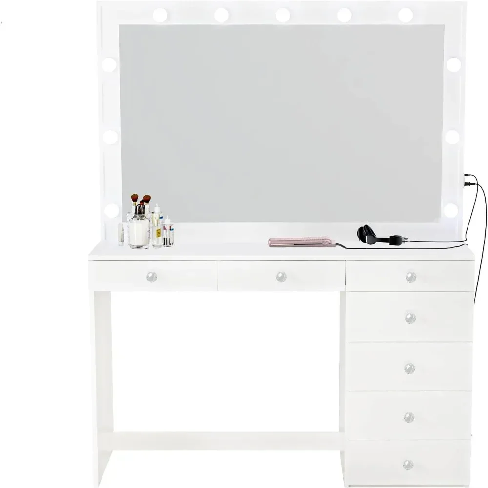 Diana-Grande Vanity Maquiagem Desk com Vanity Mirror, Built-in luzes, 7 gavetas, Crystal Ball Knobs, Power Outlet