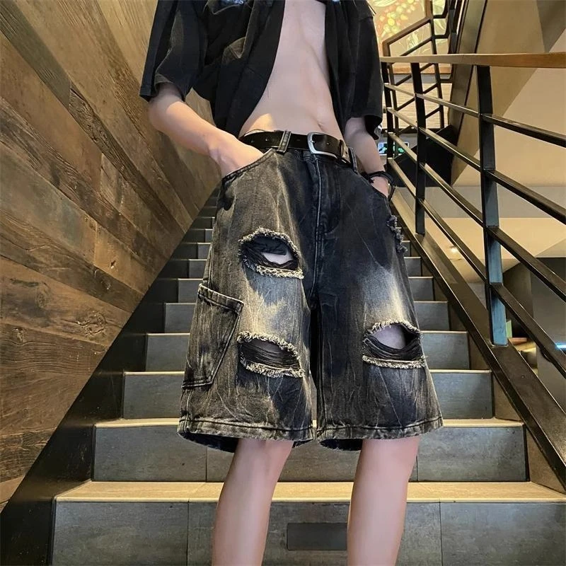 Men's Ripped Denim Shorts Summer Thin Baggy Jean Shorts High Street American Vintage Washed 5 Points Knee Length Casual Pants