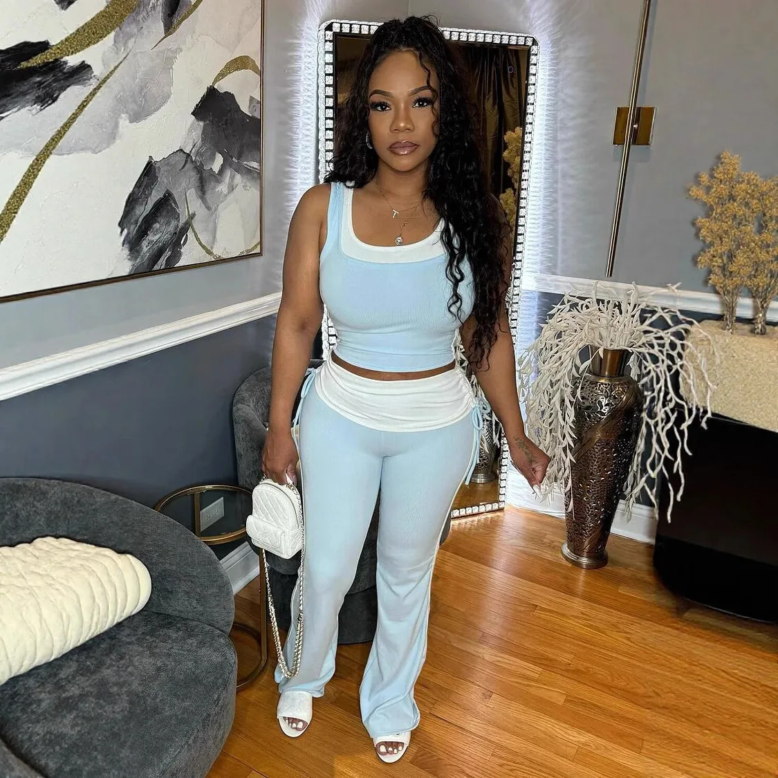 Ribbed Sporty 2 Piece Sets Women Patchwork Crop Tank Tops and Side Drawstring Flared Pants Matching 2026 Tracksuits