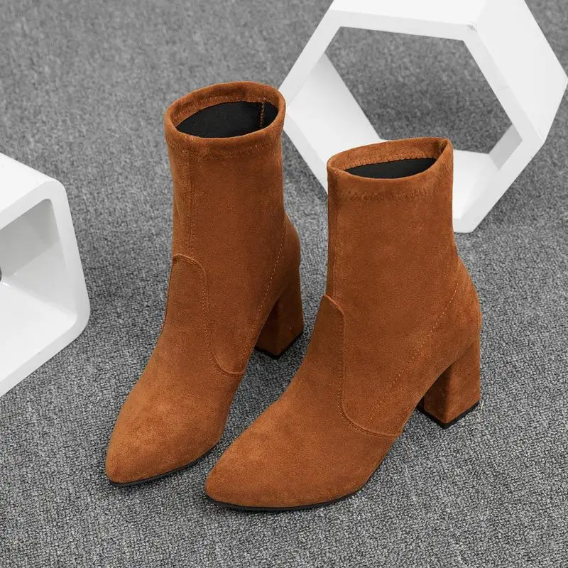 Black Brown Flock Thick Heel Ankle Boots Women Winter Shoes Nice Elegant High Heel Pointed Toe Keep Warm Short Booties Ladies