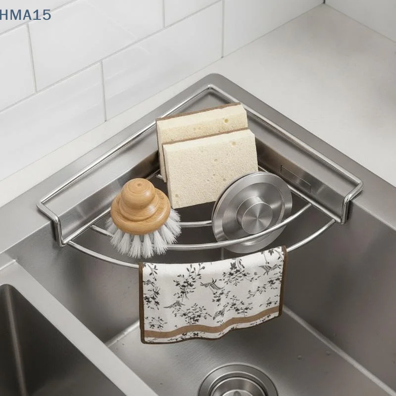 【YA】Stainless Steel Sink Corner Storage Rack Self-draining Punch-free Stand for Dishcloth Sponge Kitchen Sink Accessory
