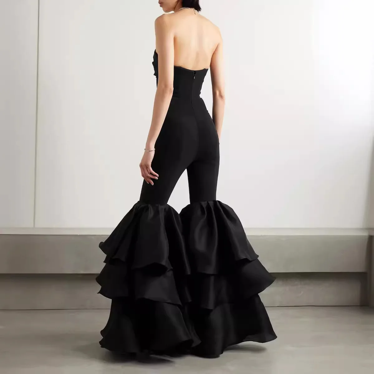 Black Color High Street Women Sexy Strapless Ruffles Wide Leg Jumpsuit Bandage Fashion Evening Party Cocktail Jumpsuit