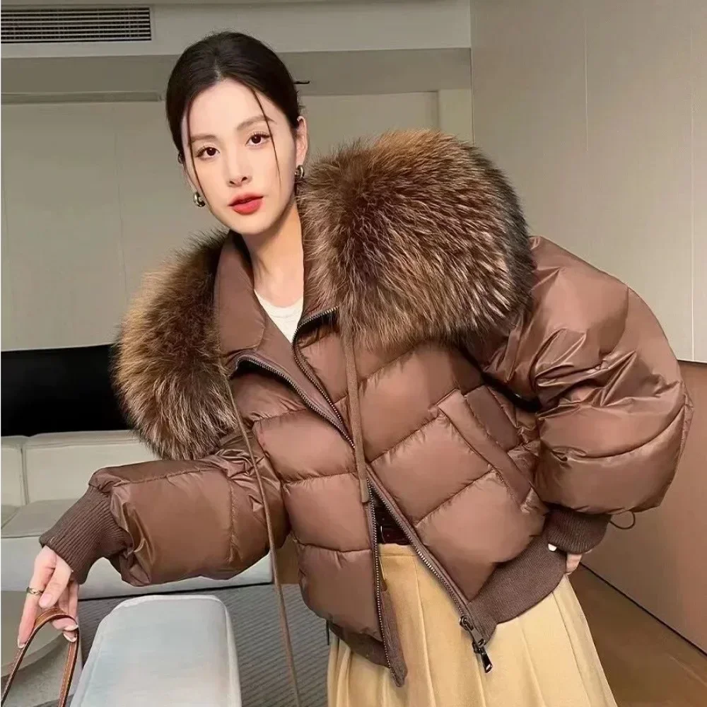 Female Short Puffer Jacket New Real Fur Jacket Thick Parka Loose White Duck Down Coat 2024 Winter Women Natural Raccoon Fur Coat