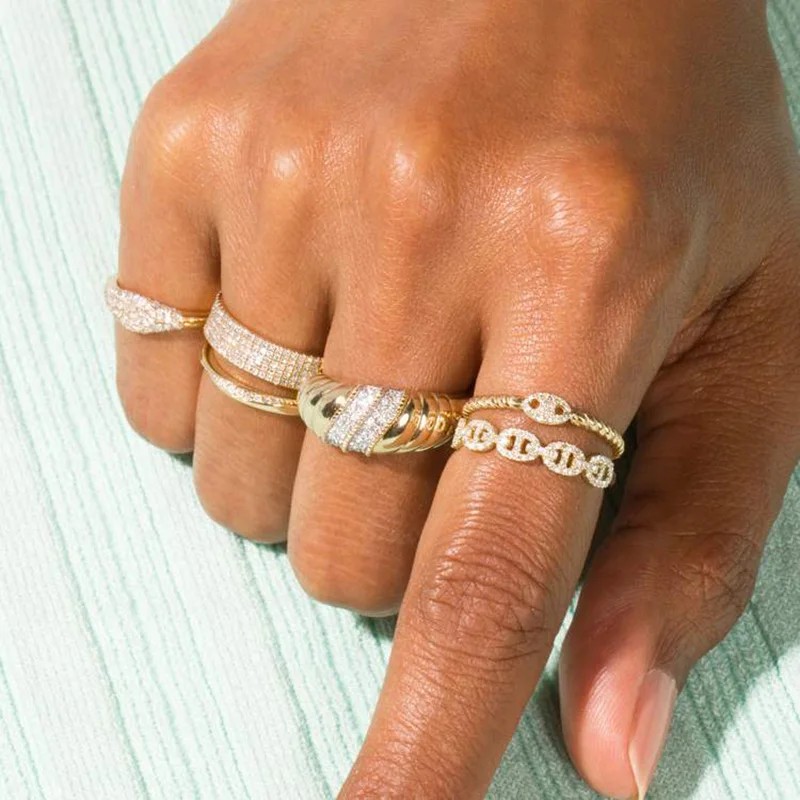 Hip Hop Link Ring for Women Gold Color Micro-inlaid Zircon Stacking Rings Female Jewelry Fashion Punk Accessories Wholesale R720 image 3