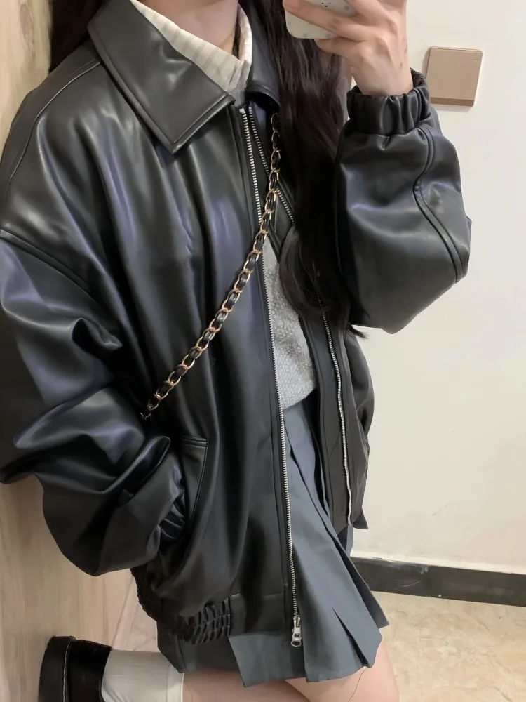 Black Vintage PU Leather Jacket Women High Street Fashion Zipper Leather Jacket Female 2025 Summer Streetwear Loose Casual Coat